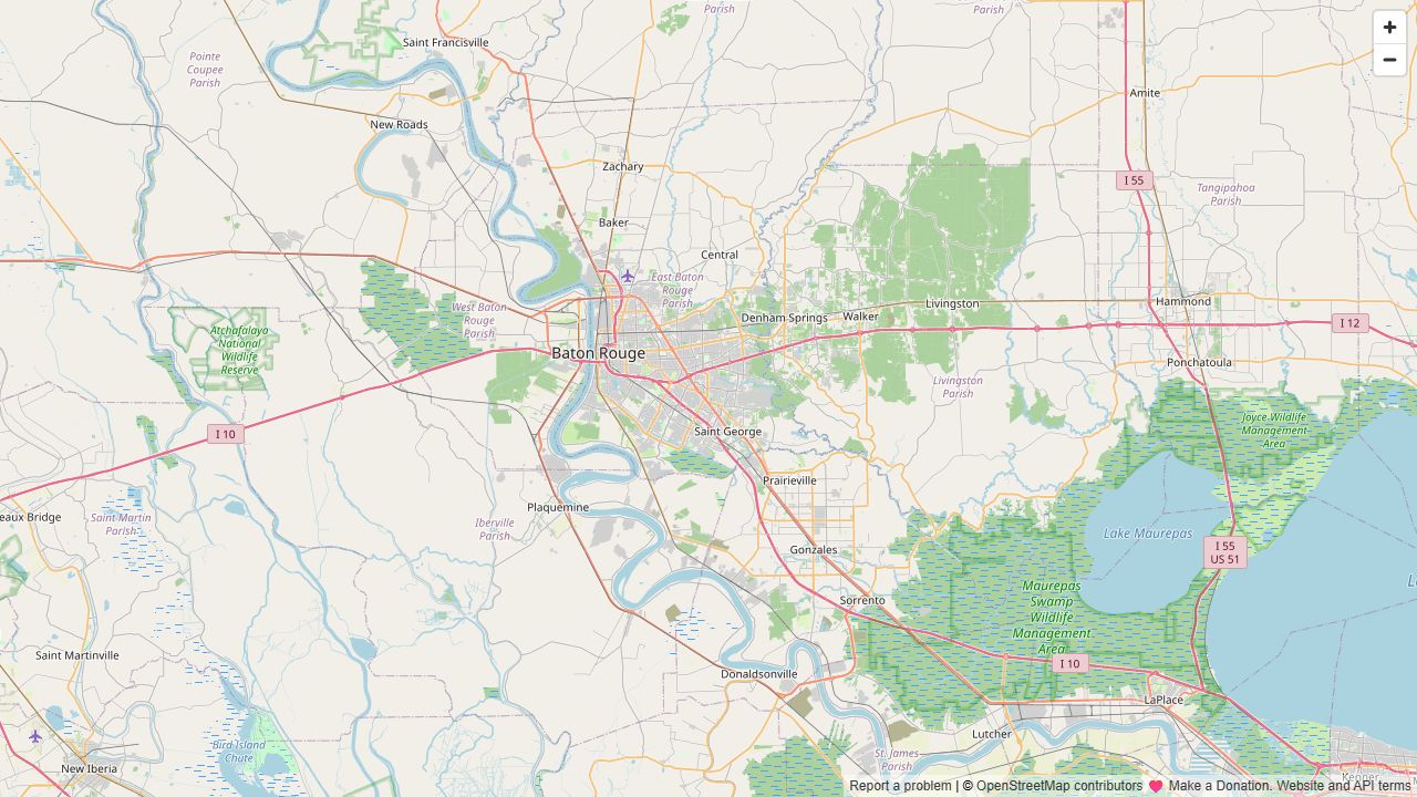 OpenStreetMap regional view around Baton Rouge, Ascension Parish, Central
